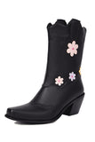 Fashion Black Block Heel Ankle Boots with Flowers