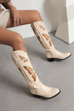 Apricot Embroidered Mid-calf Block Heel Boots