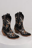 Black Embroidered Square Toe Block Heel High Cowgirl Boots