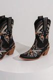 Black Embroidered Square Toe Block Heel High Cowgirl Boots