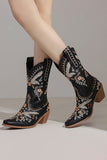 Black Embroidered Square Toe Block Heel High Cowgirl Boots