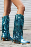 Blue Sequined Tassel Pointed Toe Chunky Knee-Length Boots