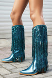 Blue Sequined Tassel Pointed Toe Chunky Knee-Length Boots