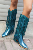 Blue Sequined Tassel Pointed Toe Chunky Knee-Length Boots