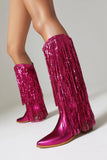 Blue Sequined Tassel Pointed Toe Chunky Knee-Length Boots