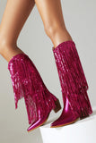 Blue Sequined Tassel Pointed Toe Chunky Knee-Length Boots