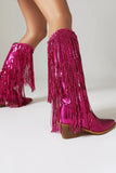 Blue Sequined Tassel Pointed Toe Chunky Knee-Length Boots