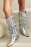 Blue Sequined Tassel Pointed Toe Chunky Knee-Length Boots