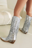 Blue Sequined Tassel Pointed Toe Chunky Knee-Length Boots