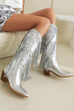 Blue Sequined Tassel Pointed Toe Chunky Knee-Length Boots