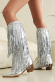 Blue Sequined Tassel Pointed Toe Chunky Knee-Length Boots