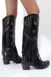 Black Tassel Rivet Block Heel High Boots