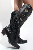 Black Tassel Rivet Block Heel High Boots