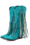 Blue Vintage Mid Heel High Boots with Tassels