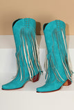 Blue Vintage Mid Heel High Boots with Tassels