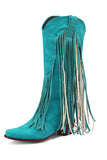 Blue Vintage Mid Heel High Boots with Tassels