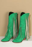 Blue Vintage Mid Heel High Boots with Tassels