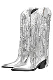 Silver Sequins Chunky Boots with Tassels