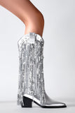 Silver Sequins Chunky Boots with Tassels