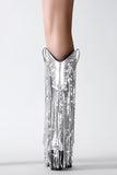 Silver Sequins Chunky Boots with Tassels