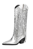 Silver Sequins Chunky Boots with Tassels