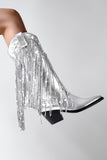 Silver Sequins Chunky Boots with Tassels