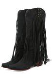 Khaki Tassel Rivet Block Heel High Boots