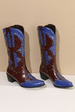 Blue Rivet Colorblock Thick Heel High Boots