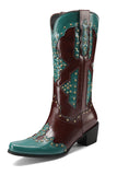 Blue Rivet Colorblock Thick Heel High Boots