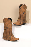 Brown Square Toe Tassel Block Heel Cowgirl Boots