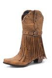 Brown Square Toe Tassel Block Heel Cowgirl Boots