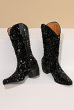 Black Sequined Sexy Pointed Toe Thick Heel Boots