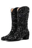 Black Sequined Sexy Pointed Toe Thick Heel Boots