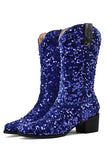 Black Sequined Sexy Pointed Toe Thick Heel Boots