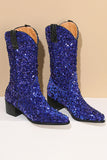 Black Sequined Sexy Pointed Toe Thick Heel Boots