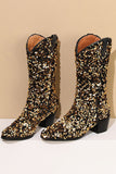 Black Sequined Sexy Pointed Toe Thick Heel Boots