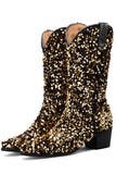 Black Sequined Sexy Pointed Toe Thick Heel Boots