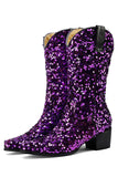 Black Sequined Sexy Pointed Toe Thick Heel Boots