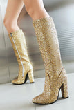 Blue Sequined Chunky-heeled Boots