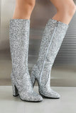 Blue Sequined Chunky-heeled Boots