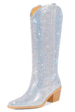 Silver Pointed Toe Chunky Rhinestone Boots