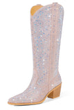 Silver Pointed Toe Chunky Rhinestone Boots