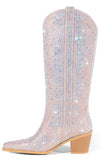 Silver Pointed Toe Chunky Rhinestone Boots