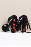 Black Embroidery Lace Up Chunky High Heel Sandals