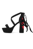 Black Embroidery Lace Up Chunky High Heel Sandals