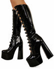 Black Leather Chunky Mid-Lenth High Heel Shoes