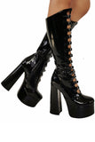 Black Leather Chunky Mid-Lenth High Heel Shoes