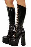 Black Leather Chunky Mid-Lenth High Heel Shoes