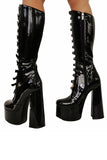 Black Leather Chunky Mid-Lenth High Heel Shoes