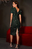 Sparkly Dark Green Bodycon Sequins Tea-Length Wedding Guest Dress